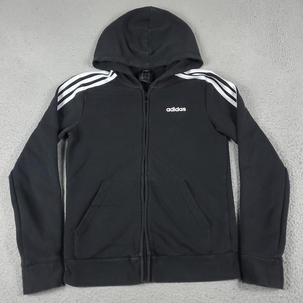 Adidas Womens Small Black Full Zip Hoodie Sweatshirt 3 Stripe Logo Jacket